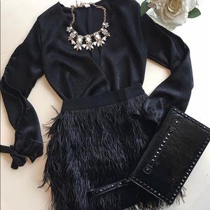 Black mini feather skirt holiday party
